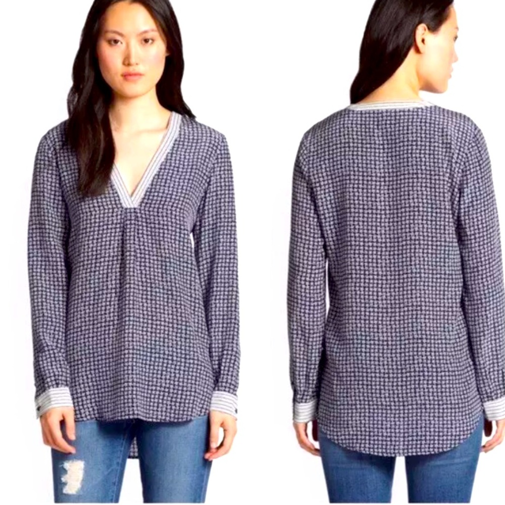 Joie | Navy Star Printed Carven Long Sleeve 100% Silk Blouse stripe cuffs | M